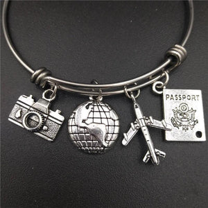 Stainless Steel Love Travel Bracelet w/ Charms - Camera Globe Plane Passport