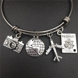 Stainless Steel Love Travel Bracelet w/ Charms - Camera Globe Plane Passport