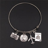 Stainless Steel Love Travel Bracelet w/ Charms - Camera Globe Plane Passport