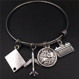 Stainless Steel Love Travel Bracelet w/ Charms - Camera Globe Plane Passport