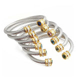 Steel Cable Cuff Bracelet with Zircon Bangle