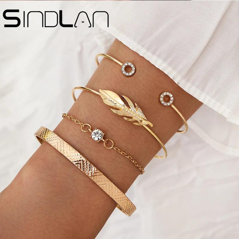Sindlan 4Pcs Feather Bangle Bracelets Set Vintage Rhinestone Wrist Jewelry