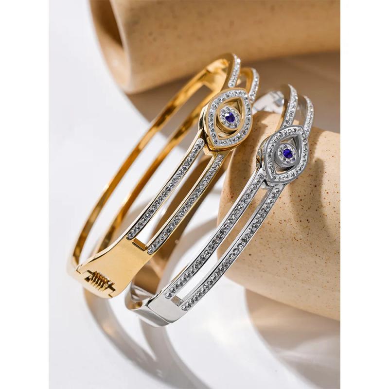 60mm CZ Eye Stainless Steel Bracelet Bangle 18K Plated Charm Jewelry Gift