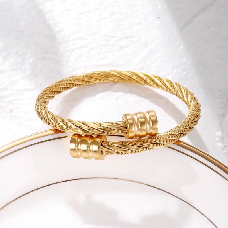 Vintage Stainless Steel Golden Cuff Bracelet Open Adjustable