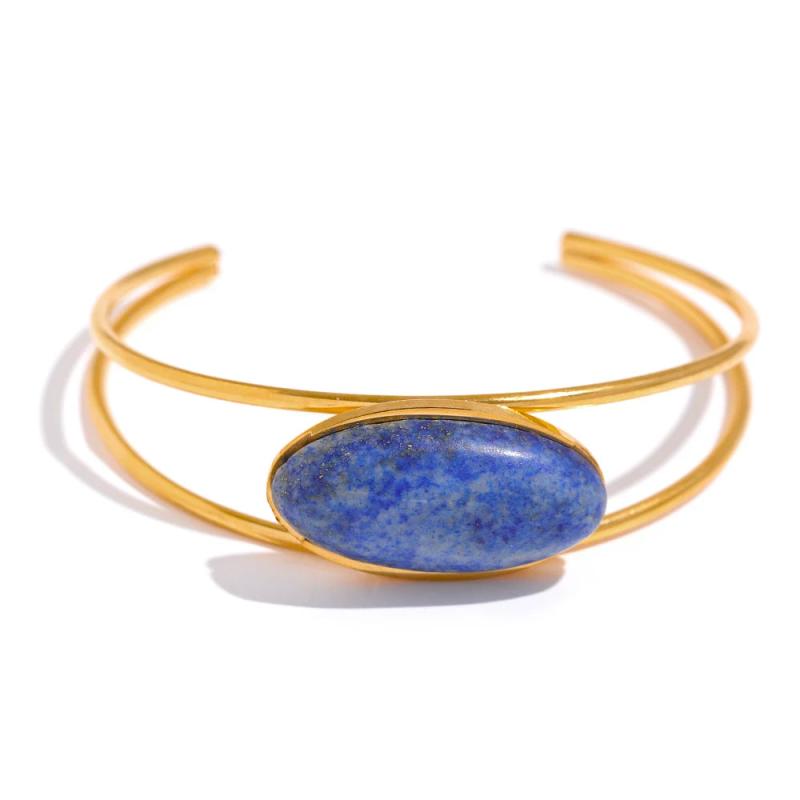 Lapis Lazuli Stone Cuff Bracelet, 18k Plated, Waterproof