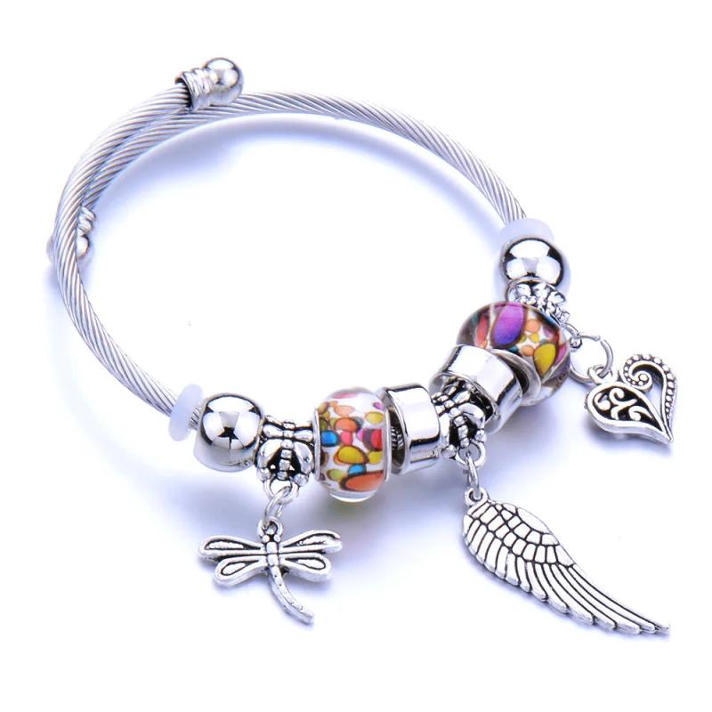 Stainless Steel Glass Bead Dragonfly Bracelet Pink Red