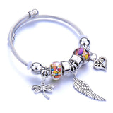 Stainless Steel Glass Bead Dragonfly Bracelet Pink Red