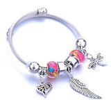 Stainless Steel Glass Bead Dragonfly Bracelet Pink Red