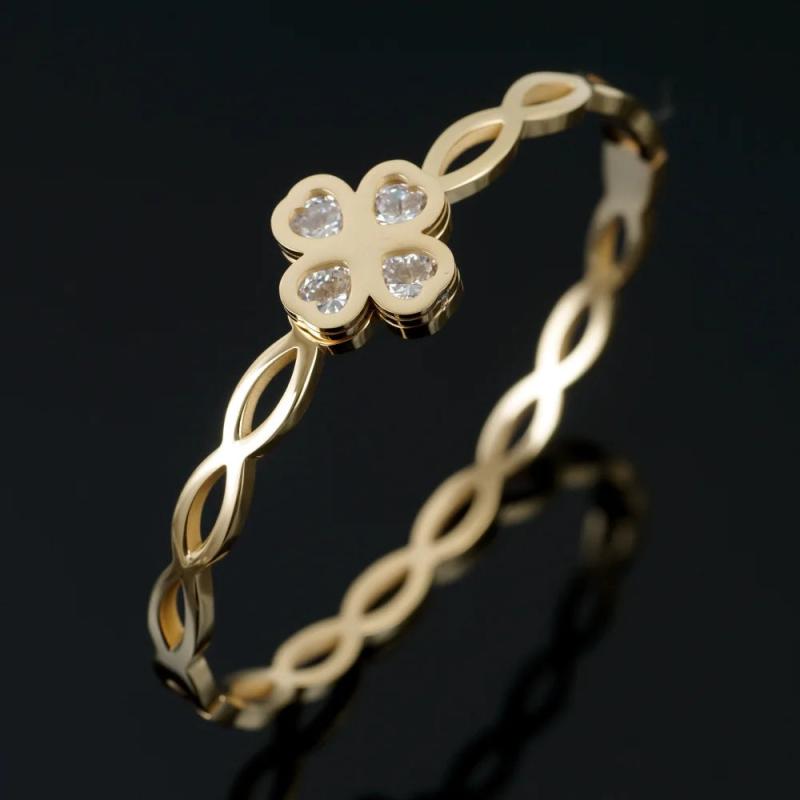 Stainless Steel Four-leaf Clover Bangle CZ Crystal Bracelet