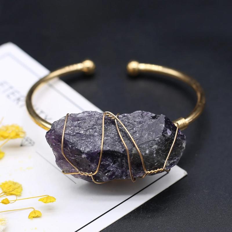 Natural Amethysts and Clear Quartzs Open Bracelet for Women