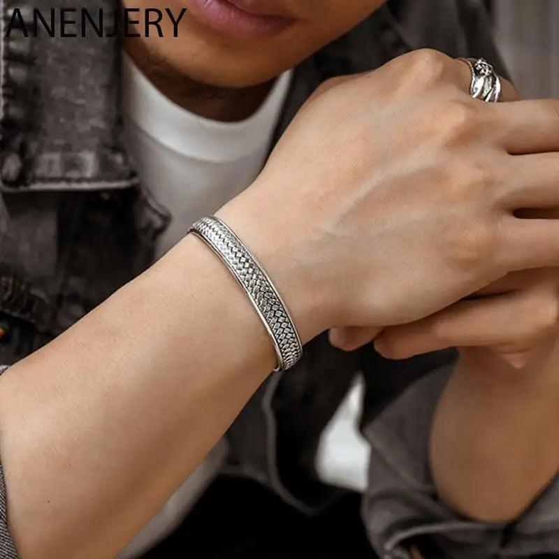 Silver Wave Pattern Scripture Cuff Bracelet Retro Hand Jewelry