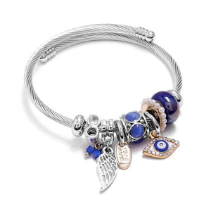 Evil Eye Wing Charms Cuff Bracelet Stainless Steel Wire Bangle Silver