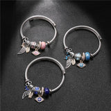 Evil Eye Wing Charms Cuff Bracelet Stainless Steel Wire Bangle Silver