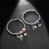 Evil Eye Wing Charms Cuff Bracelet Stainless Steel Wire Bangle Silver