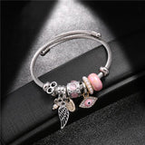 Evil Eye Wing Charms Cuff Bracelet Stainless Steel Wire Bangle Silver