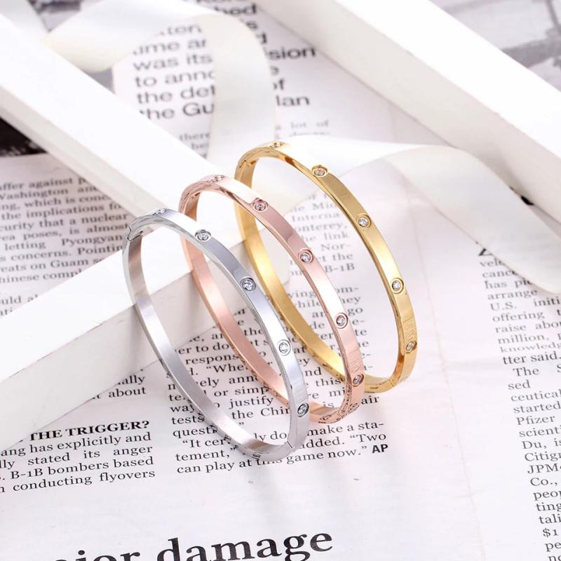 4mm Zircon Inlaid Bangle Bracelet, Stainless Steel, Wedding Party Jewelry