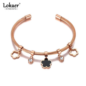 Acrylic Flower Charm Bracelet Bangle Stainless Steel CZ Crystal