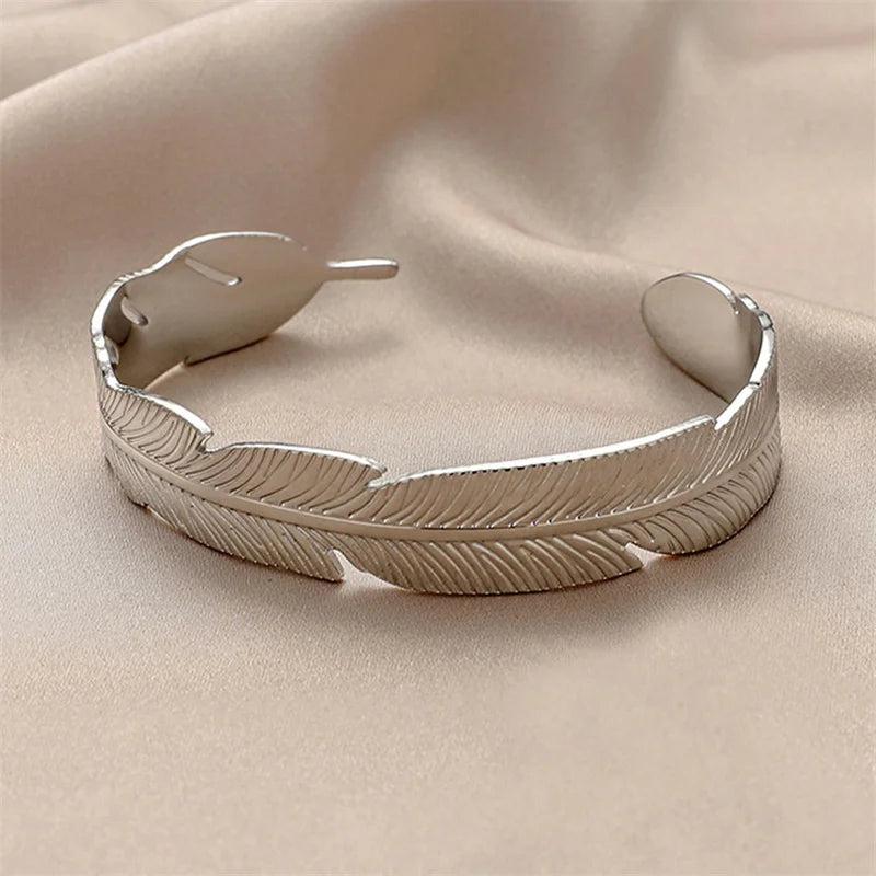 Adjustable Stainless Steel Feather Cuff Bracelet Vintage Bangle