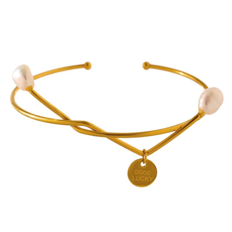 Geometric Bangle Bracelet with Natural Pearl 18K Texture