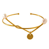 Geometric Bangle Bracelet with Natural Pearl 18K Texture