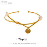 Geometric Bangle Bracelet with Natural Pearl 18K Texture