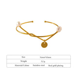 Geometric Bangle Bracelet with Natural Pearl 18K Texture