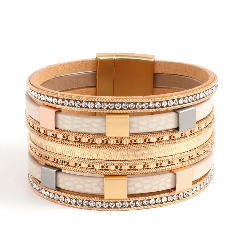Square Metal Chain Rhinestone Leather Bracelet Multilayer Wrap Bangle
