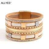 Square Metal Chain Rhinestone Leather Bracelet Multilayer Wrap Bangle