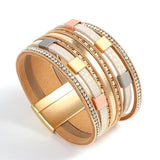 Square Metal Chain Rhinestone Leather Bracelet Multilayer Wrap Bangle