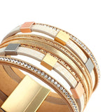 Square Metal Chain Rhinestone Leather Bracelet Multilayer Wrap Bangle