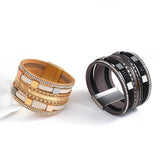 Square Metal Chain Rhinestone Leather Bracelet Multilayer Wrap Bangle
