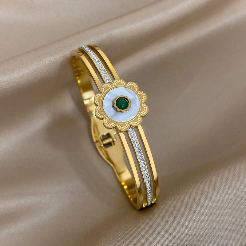Green Stone Shell Flower Stainless Steel Bangles Bracelets for Women