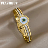 Green Stone Shell Flower Stainless Steel Bangles Bracelets for Women
