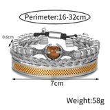 Men Stainless Steel Beaded Bracelet Set Tiger Eye Stone Gift