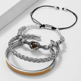 Men Stainless Steel Beaded Bracelet Set Tiger Eye Stone Gift