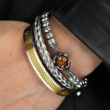 Men Stainless Steel Beaded Bracelet Set Tiger Eye Stone Gift