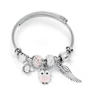 Stainless Steel Owl Feather Charm Bracelet for Women