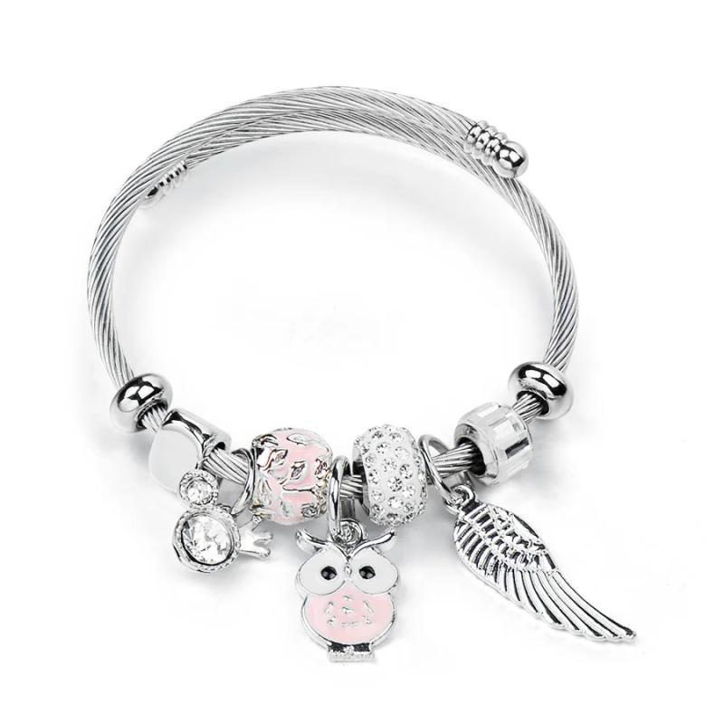 Stainless Steel Owl Feather Charm Bracelet for Women