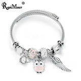 Stainless Steel Owl Feather Charm Bracelet for Women