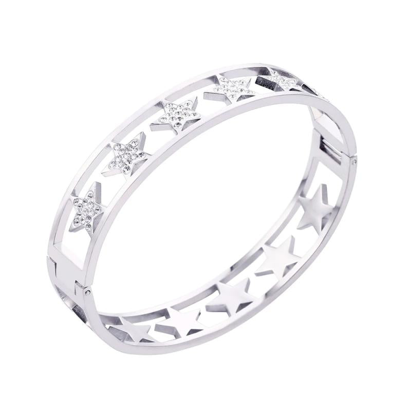 Stainless Steel Bangles Bracelet Rhinestone Stars Charm Bracelet
