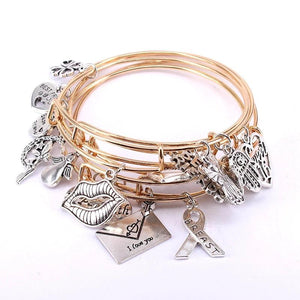 5pcs Charm Bangle Set Wire Bracelets for Women Girls Lips Breast Cancer