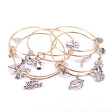 5pcs Charm Bangle Set Wire Bracelets for Women Girls Lips Breast Cancer