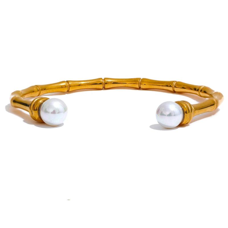 316l Stainless Steel Bamboo Cuff Bangle 63mm Pearls Texture Vintage Jewelry