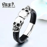 Beier 316L Stainless Steel Double Skull Men's High Leather Bracelet LLBC-L024L
