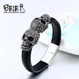 Beier 316L Stainless Steel Double Skull Men's High Leather Bracelet LLBC-L024L