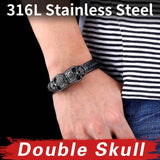 Beier 316L Stainless Steel Double Skull Men's High Leather Bracelet LLBC-L024L