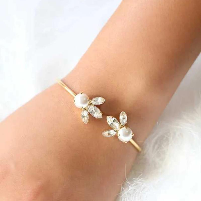 Stonefans Pearl Rhinestone Bracelet Zircon Leaf Bangle