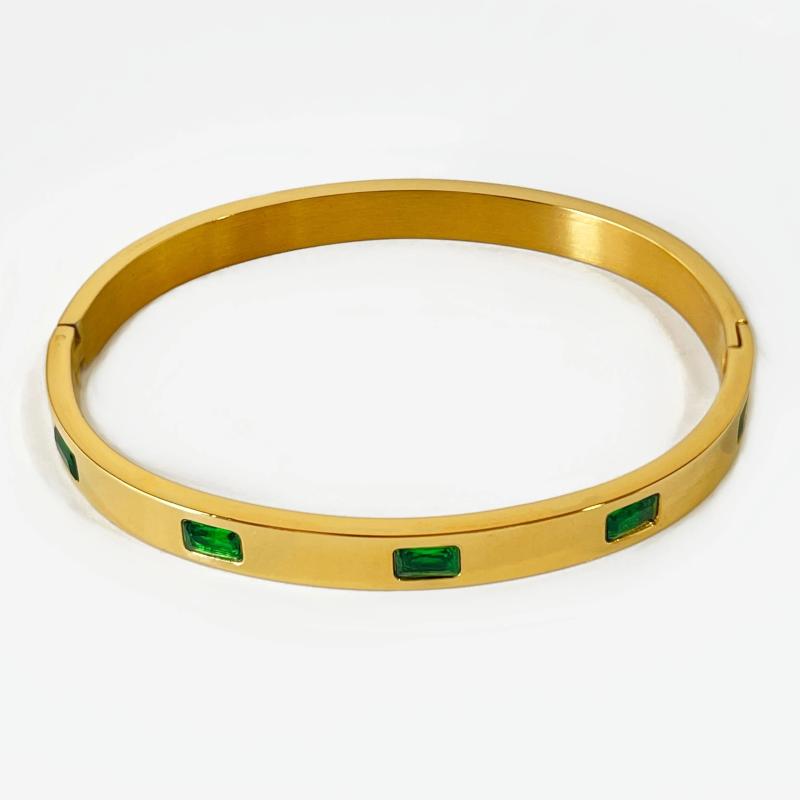 Rect Green Cz Zircon Cuff Bangle 18K Plated Inlay Stainless Steel Water Safe