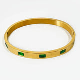 Rect Green Cz Zircon Cuff Bangle 18K Plated Inlay Stainless Steel Water Safe