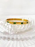 Rect Green Cz Zircon Cuff Bangle 18K Plated Inlay Stainless Steel Water Safe